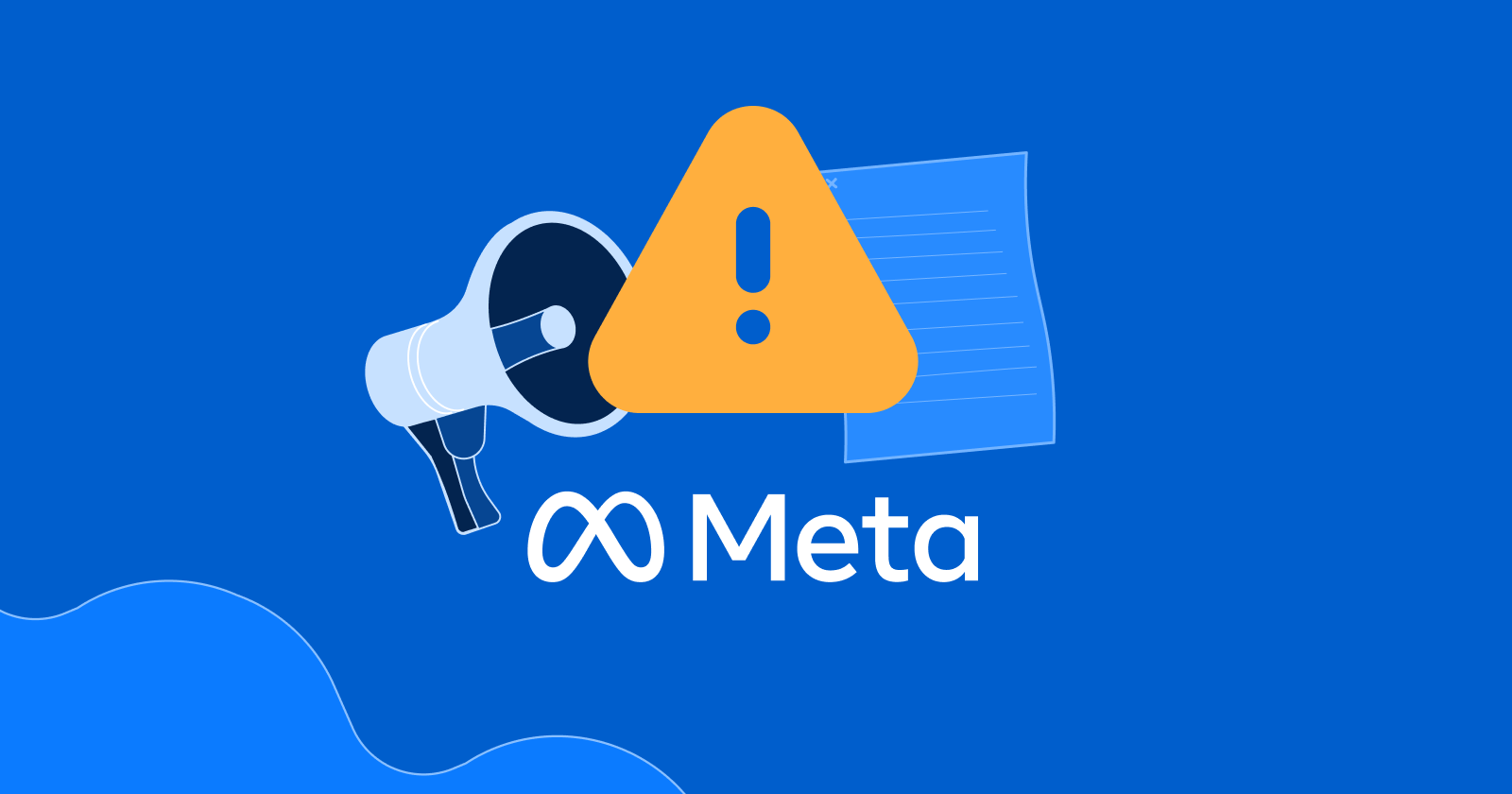 Image of the Meta logo on a blue background, with supporting icons behind of a megaphone, piece of paper and a warning sign.