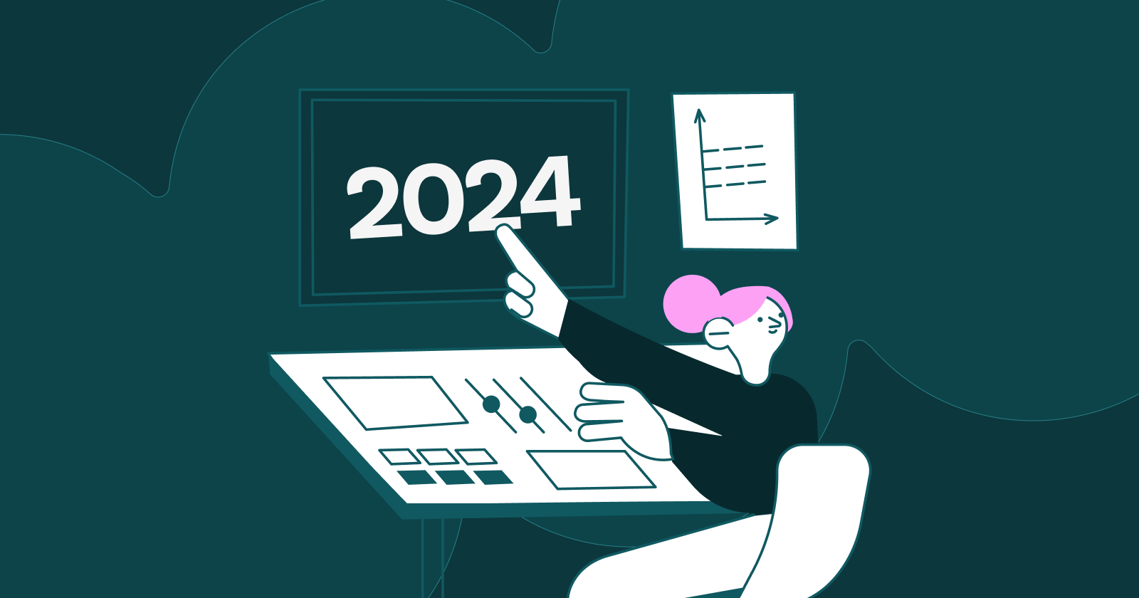 Picture of a person sitting in front of a control panel and pointing to a board that says 2024.