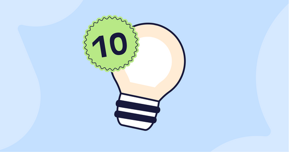 Digital illustration showing a "10"sticker and light bulb. 0 digital advertising tips for year-end giving.